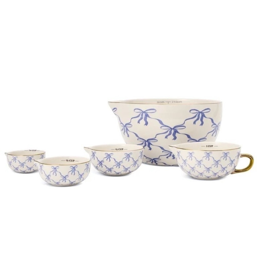 NEW Thyme & Table Blue Bow Mixing Bowl Set 5Pc Ceramic Coquette Cottagecore